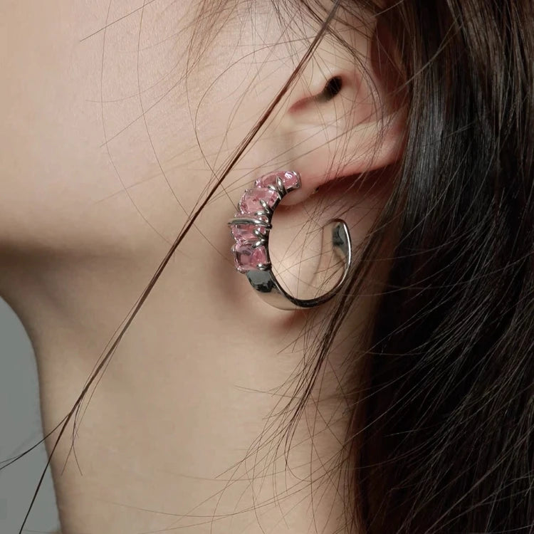 Brass Pink AAA Zircon Hoop Earrings Women Jewelry Punk Hiphop Designer Runway Rare Simply Gown Boho Top Japan Korean
