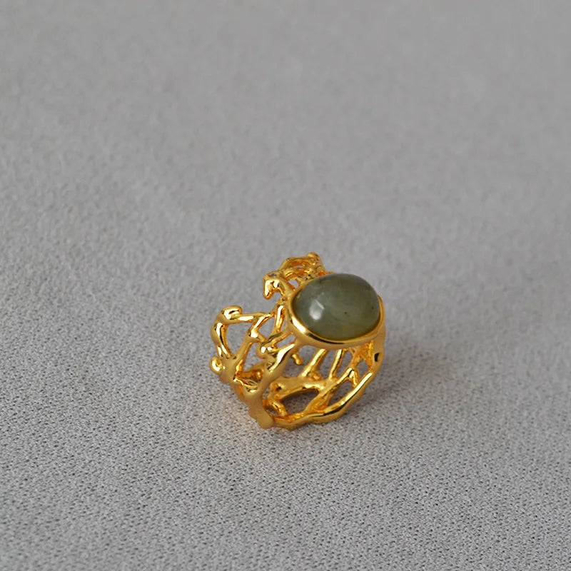Brass With 18K Natural Stone Stackable Ring Women Jewelry Punk Style Designer Club Cocktail Party Gown Trendy Boho Korean Japan