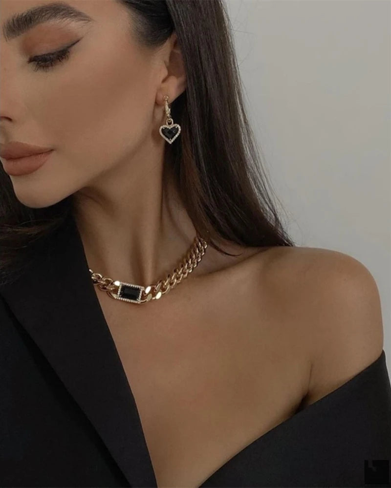 Brass With 18K Gold Black Stone Heart Dropping Earrings Women Jewelry Punk Party Gown Runway Rare  Korean Japan Boho Hiphop