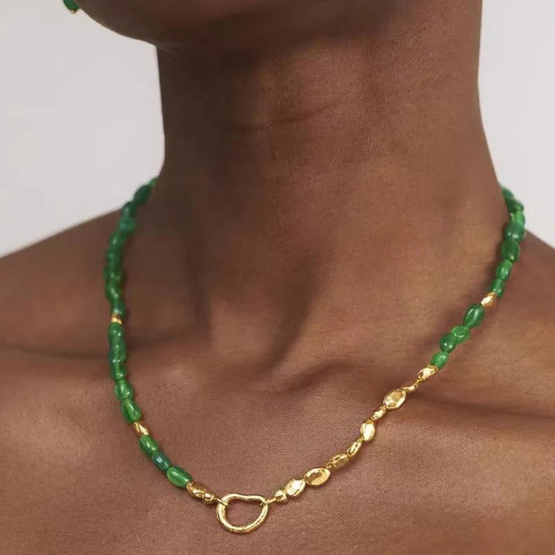 Natural Blue Green Jade Half Beads Choker Necklace Women Jewelry Punk Designer Runway Rare Gown Boho Japan Korean