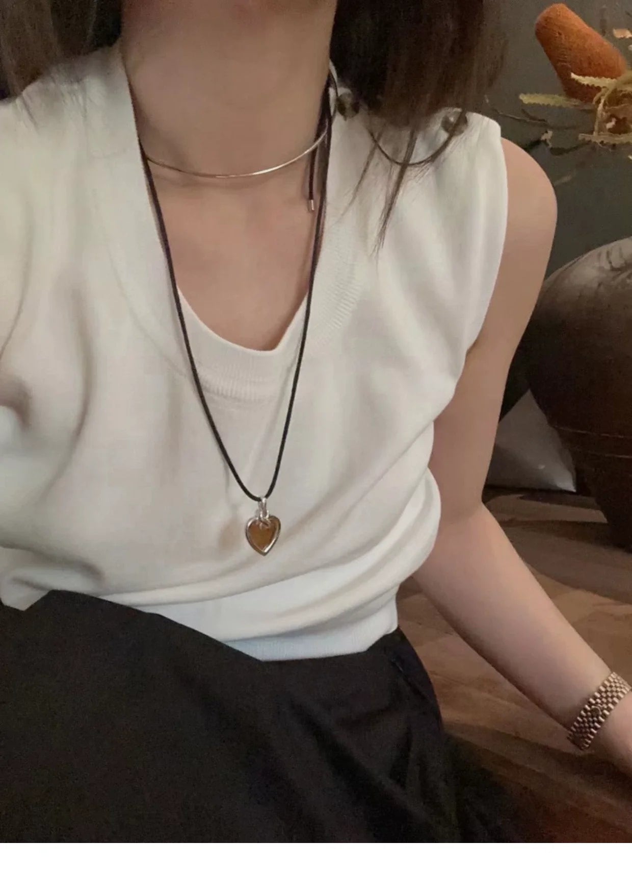 Brass  2 Tone Rope Chain Heart Pendant Necklace Women Jewelry Punk Designer Runway Rare Gown Boho Japan Korean