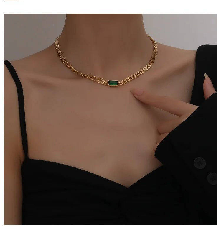 Titanium With 14K Gold Green Stone Chain Necklace Women Stainess Steel Jewelry Party Designer T Show Runway Gown Japan Korean