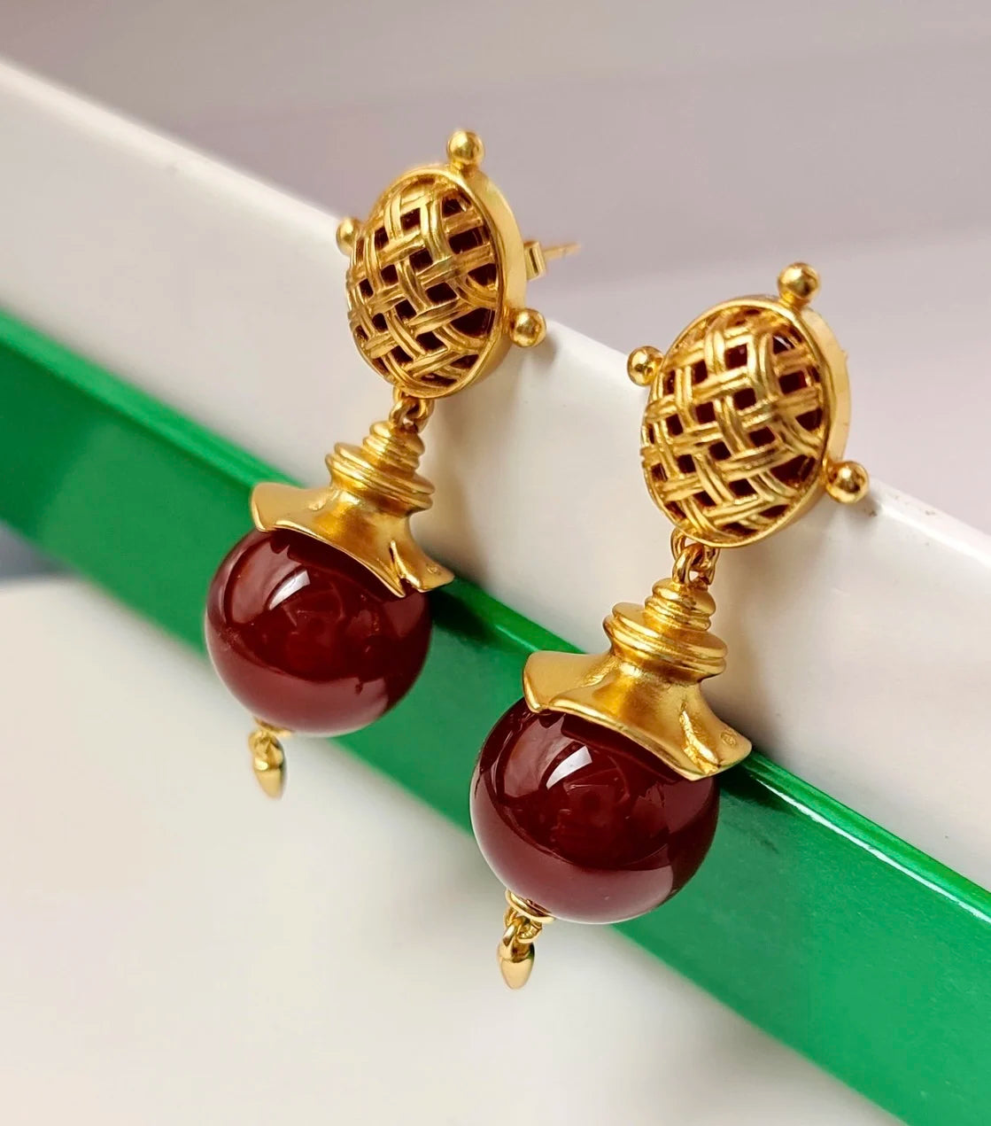 Brass With 18K Gold Retro Natural Stone Drop Earrings Women Jewelry Punk Party T Show Gown Runway Korean Japan INS