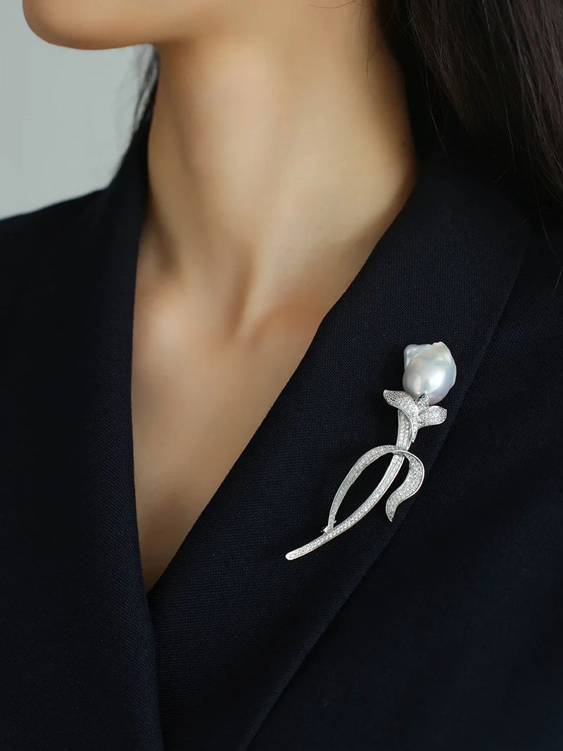 Brass With 18K AAA Zircon Real Baroque Pearl Brooches Women Jewelry Punk Party T Show Gown Runway Trendy  Korean Japan Israel