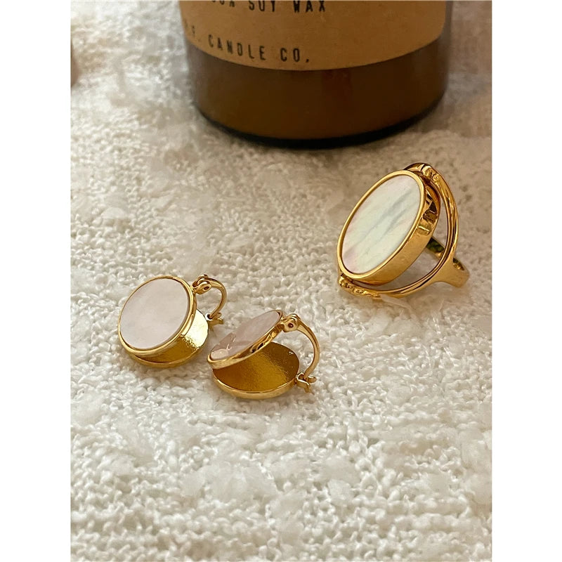 Brass With 18 K Gold Double Side Natural Shell Rings  Women Jewlery Designer T Show Club Cocktail Party Rare Japan Korean
