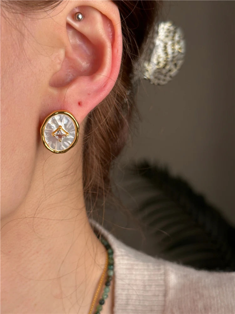 Brass With 18K Natural Shell Stud Earrings Pendant Punk Party Gown Runway rare Boucle d'oreille Korean Japan Style Fashion