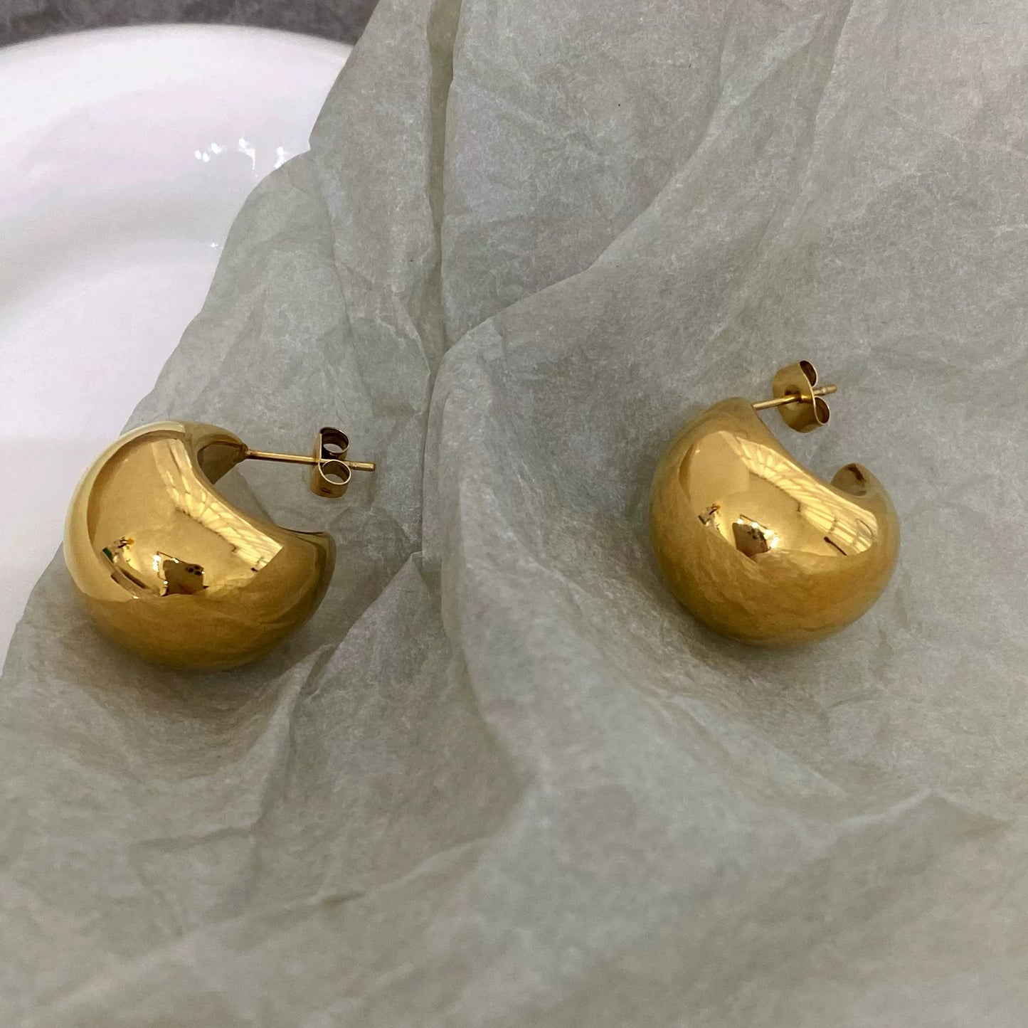 Brass With 18K Gold  Half Ball Stud Earrings Women Jewelry Party Boho T Show Gown Runway Rare Korean Japan Trendy