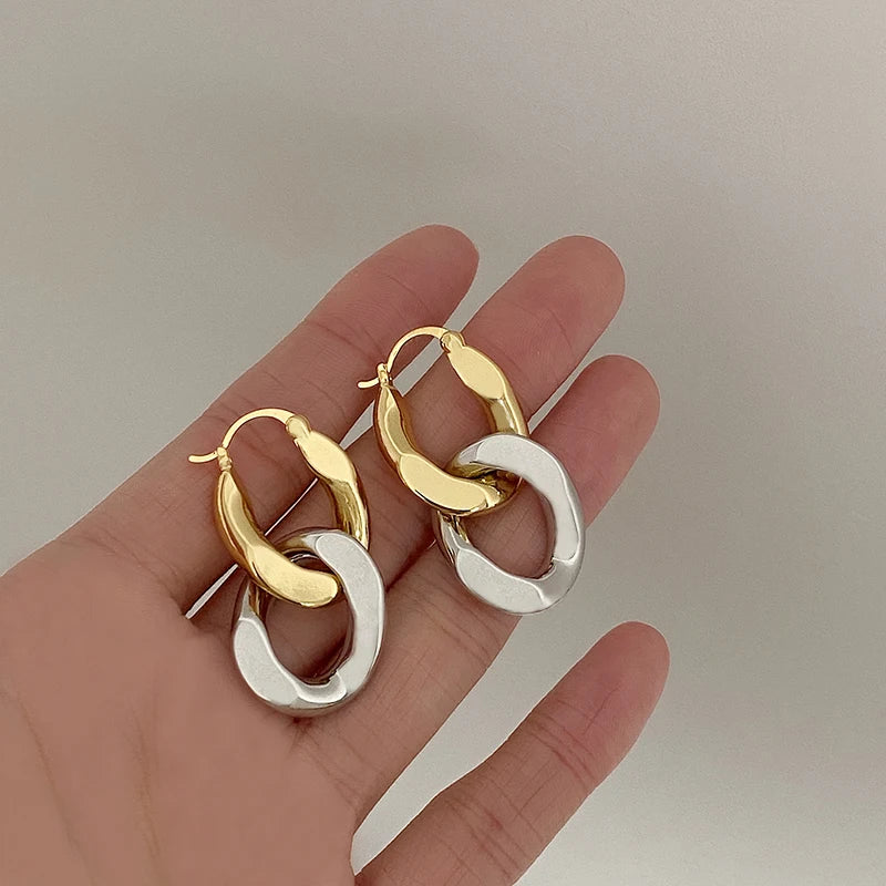 Brass With 18k Gold Double Color Chain Dropping Earrings Women Jewelry Party T Show Gown Runway Rare Korean Japan Trendy INS