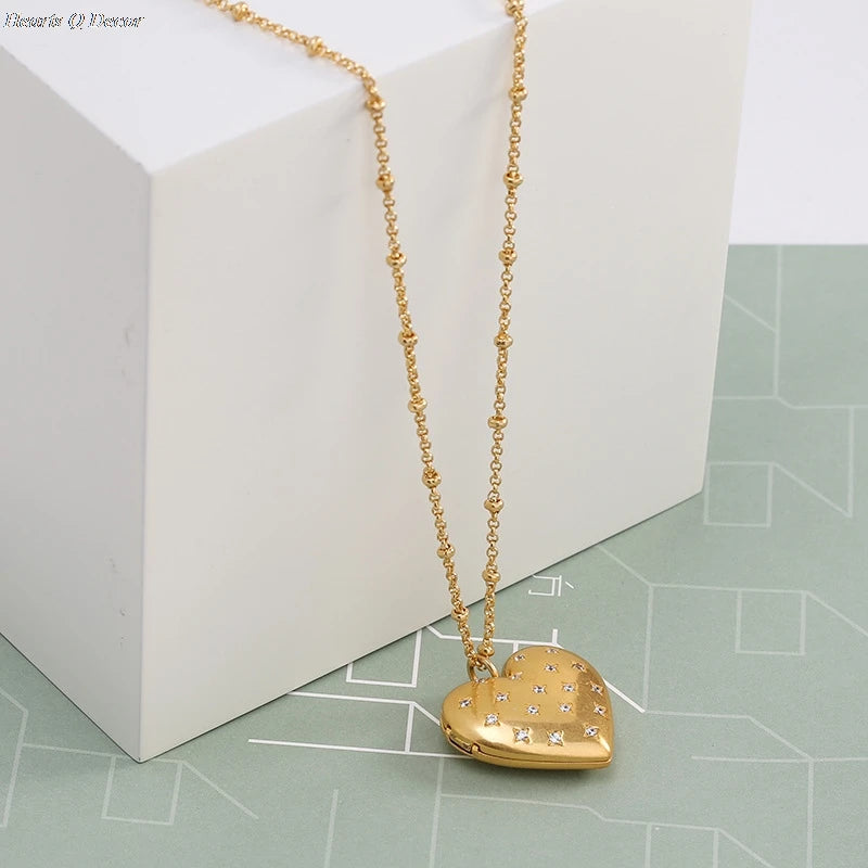 Zirconia Locket Heart Long Chain Pendant Necklace OL Designer T Show Runway Gown Sweety Boho Amazing Jewelry