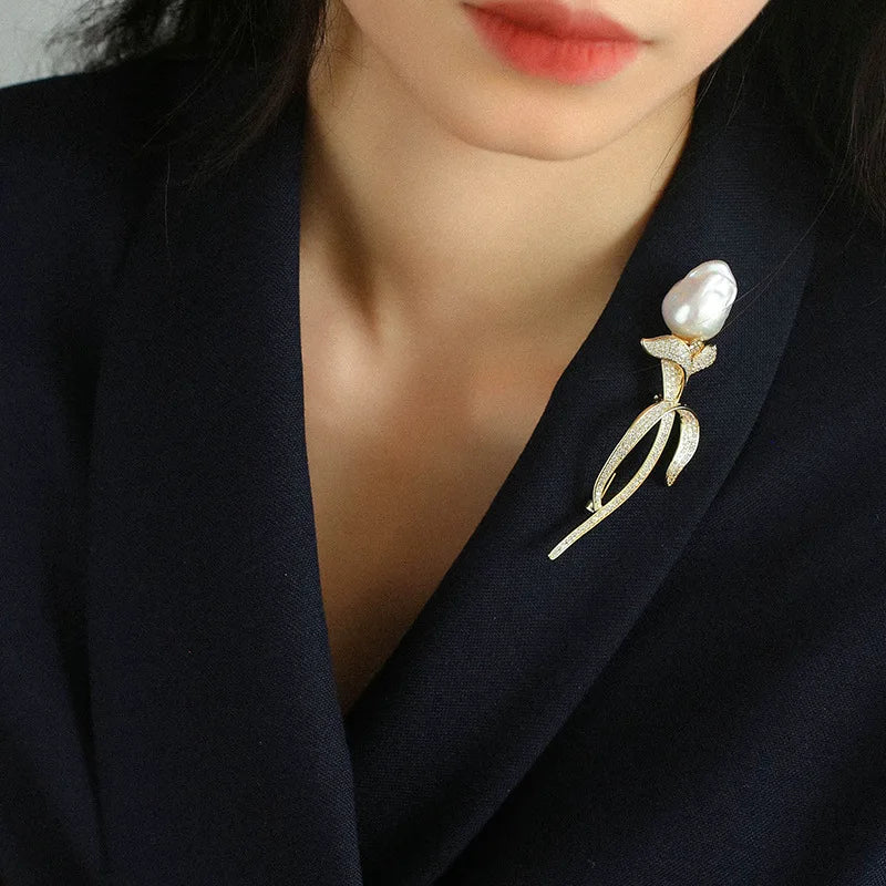 Brass With 18K AAA Zircon Real Baroque Pearl Brooches Women Jewelry Punk Party T Show Gown Runway Trendy  Korean Japan Israel