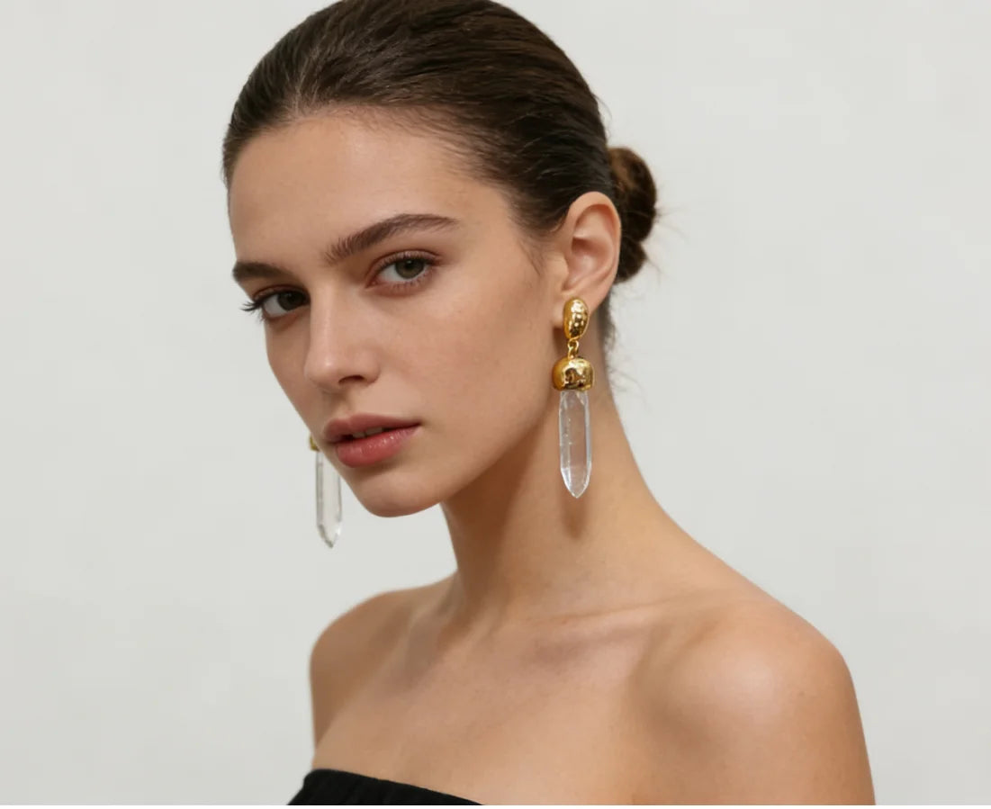 Brass With18k Gold Retro Natural IrregularCrystal Earrings Women Jewelry Party T Show Gown Stuning  Runway rare Trendy INS