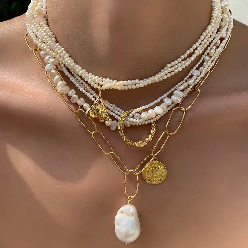 Natural Pearl Layered Necklace Women Wedding  Jewelry Runway Party Japan Souch Korea Fashion