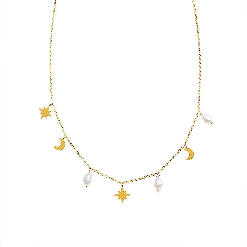 Titanium With 18K Gold Star Moon Real Pearl Charms Necklace Runway T Show Party Designer Gown Top Ins  Japan Korean Trendy