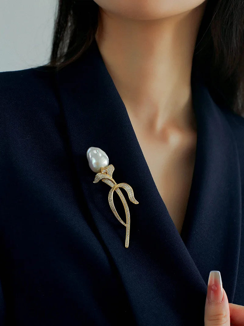 Brass With 18K AAA Zircon Real Baroque Pearl Brooches Women Jewelry Punk Party T Show Gown Runway Trendy  Korean Japan Israel
