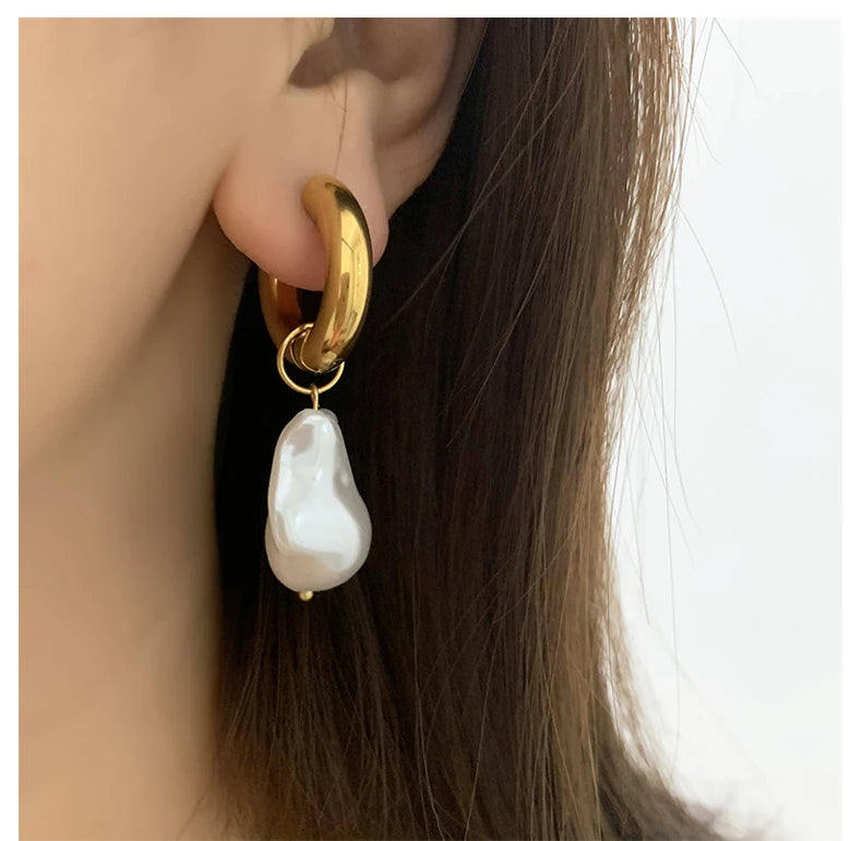 Titanium With 18 K Gold Geo Faux Baroque Pearl Drop Earrings Punk Party Gown  Runway rare Boucle  Korean Japan INS Boho Top