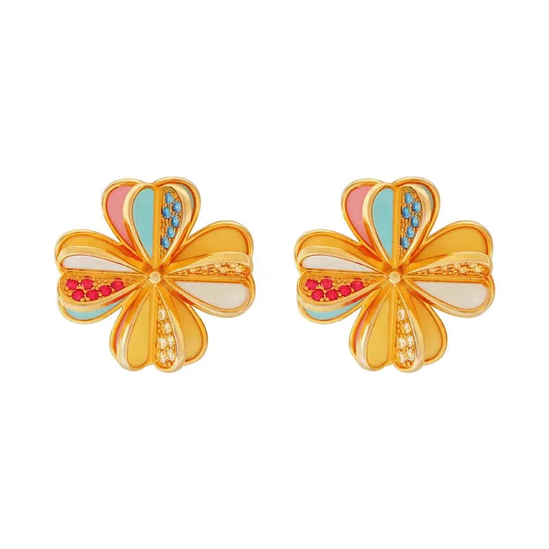 Brass Retro Colorful Floral Stud Earrings Women Jewelry Punk Party T Show Gown Runway Trendy  Korean Japan INS
