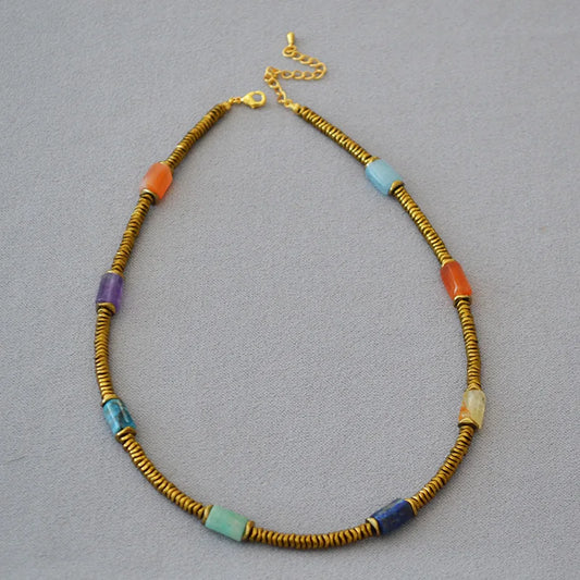 Brass Colorful Natural Stone Choker Necklaces Women Jewelry Punk Designer Runway Rare Gown Boho Japan Korean