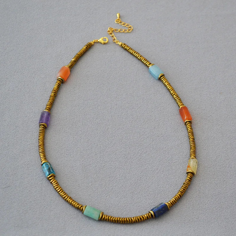 Brass Colorful Natural Stone Choker Necklaces Women Jewelry Punk Designer Runway Rare Gown Boho Japan Korean