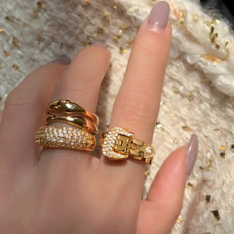 Brass Zirconia Buckle Up Stackable Rings  Women  Jewelry Punk Designer Runway T show Club Cocktail Party Boho Japan Korean Ins
