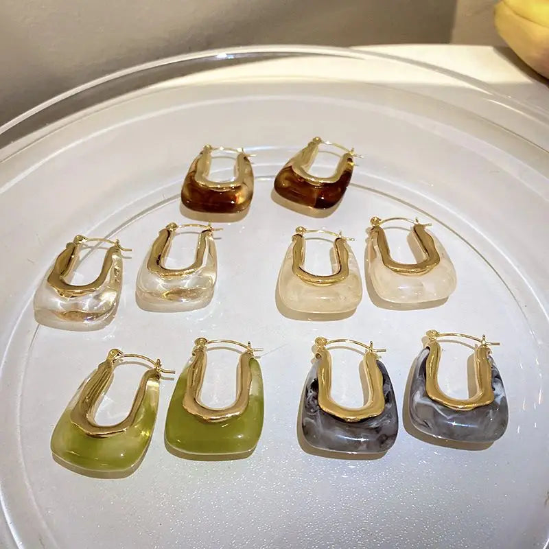 Brass Colorful Clear Resin Earrings Women Jewelry Punk Designer Runway Rare Simply Gown Boho Japan Korean