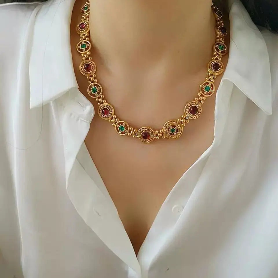 Brass Colorful Beads Rhinestoned Chunky Choker Necklace Women Jewelry Punk Designer Runway Rare Gown Boho Japan Korean