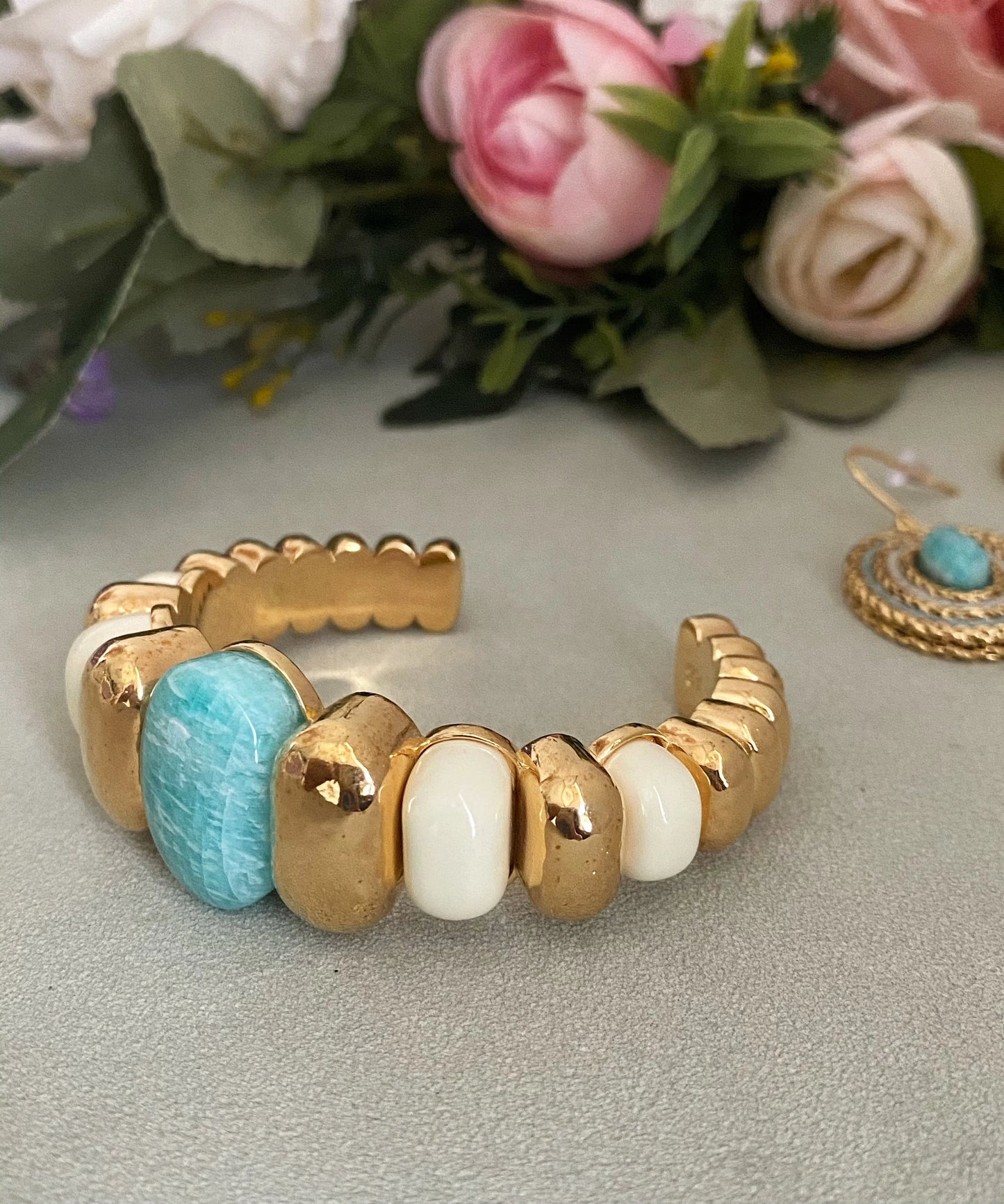 Brass With 18K Statement Chunky Natural Stone Wide Bangle Women Jewelry Designer T Show Runway Gown Rare INS Japan Korean Trendy