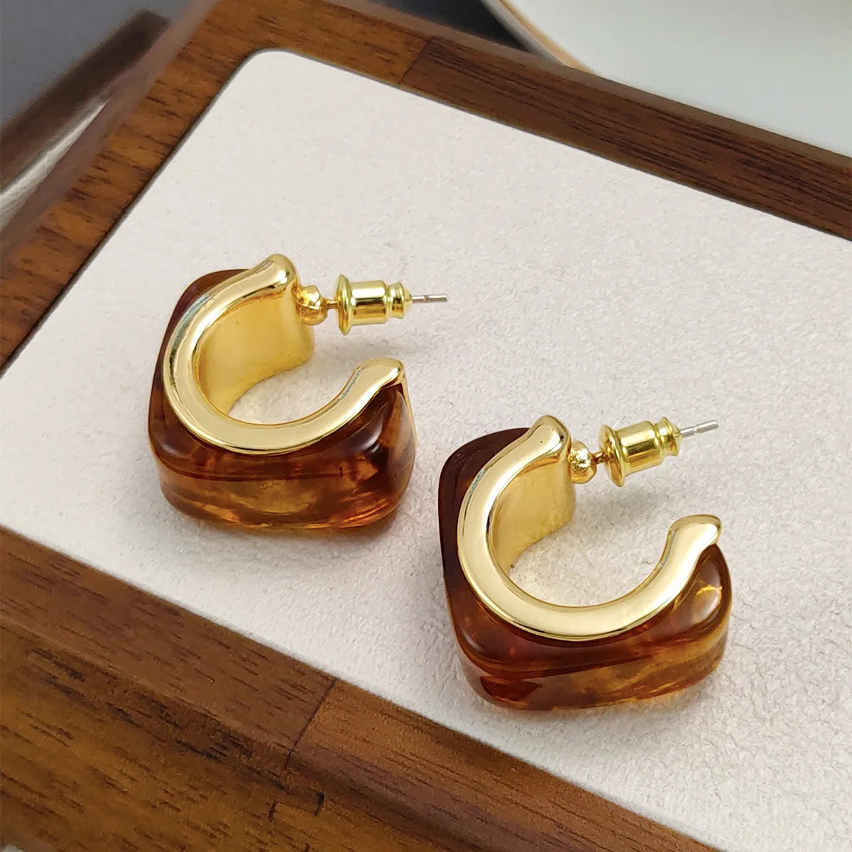 Brass With 18K Gold Square Brown Resin Hoop Earring Women  Jewelry Punk Designer Club Cocktail  Party Boho Japan Korean