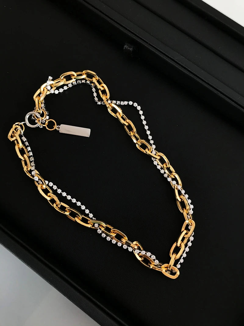 Titanium With 18K Gold AAA Zircon Chains Necklace Women Stainless Steel Jewelry OL Designer T Show Runway Boho Japan Korean