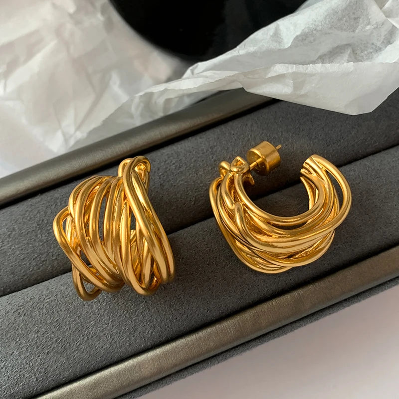 Brass With 18K Vintage Line Mixed Statement Hoop Earrings Punk Party Gown Runway Boucle d'oreille Korean Japan Style Fashion
