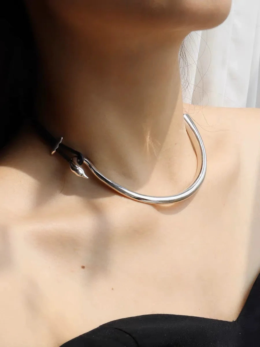 Brass Real Leater Tube Choker Necklace Women Jewelry Punk Designer Runway Rare Gown Boho Japan Korean