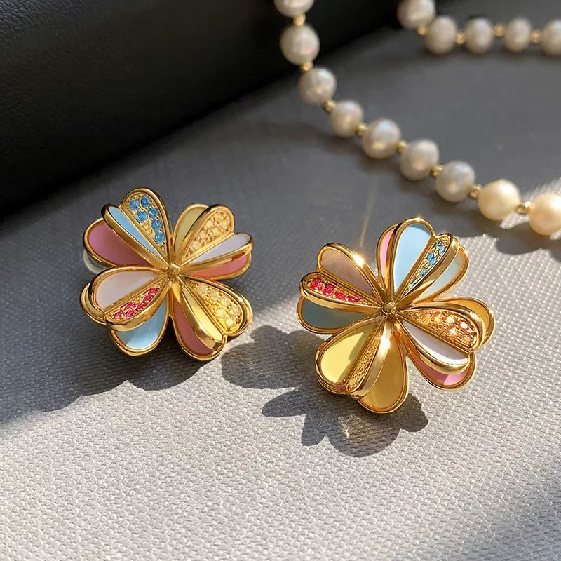Brass Retro Colorful Floral Stud Earrings Women Jewelry Punk Party T Show Gown Runway Trendy  Korean Japan INS