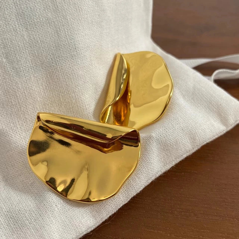 Brass With 18k Gold Fold Statement Stud  Earrings Women Jewelry Party Boho T Show Gown Runway  Party Rare Korean Japan Trendy