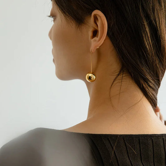 Brass With 18K Gold Long Ball Drop Earrings  Women  Jewelry Punk Party Gown  Runway Korean Japan INS Fashion