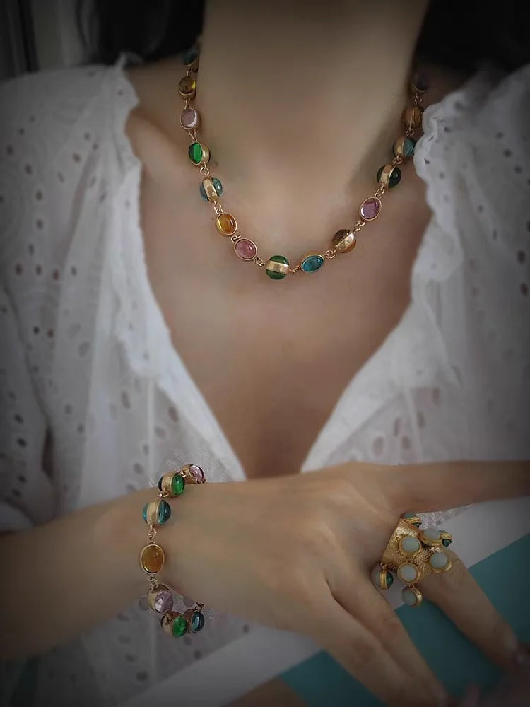 Brass With 18K Colorful Glass Beads Choker Necklace Women  Jewelry Designer T Show Runway Gown  Rare Glam Japan Ins Glam Boho