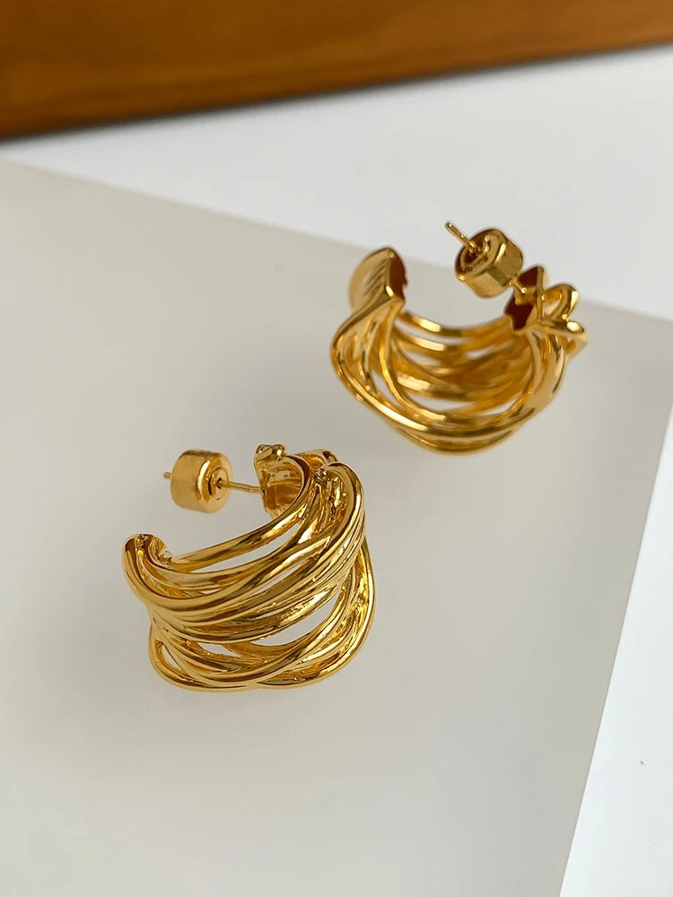 Brass With 18K Vintage Line Mixed Statement Hoop Earrings Punk Party Gown Runway Boucle d'oreille Korean Japan Style Fashion