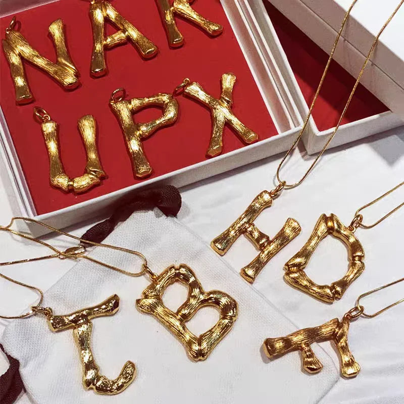 Brass With 18K Gold Big Pendant 26 Letter Necklace Women Jewelry Designer T Show Party Runway Boho Japan Korea