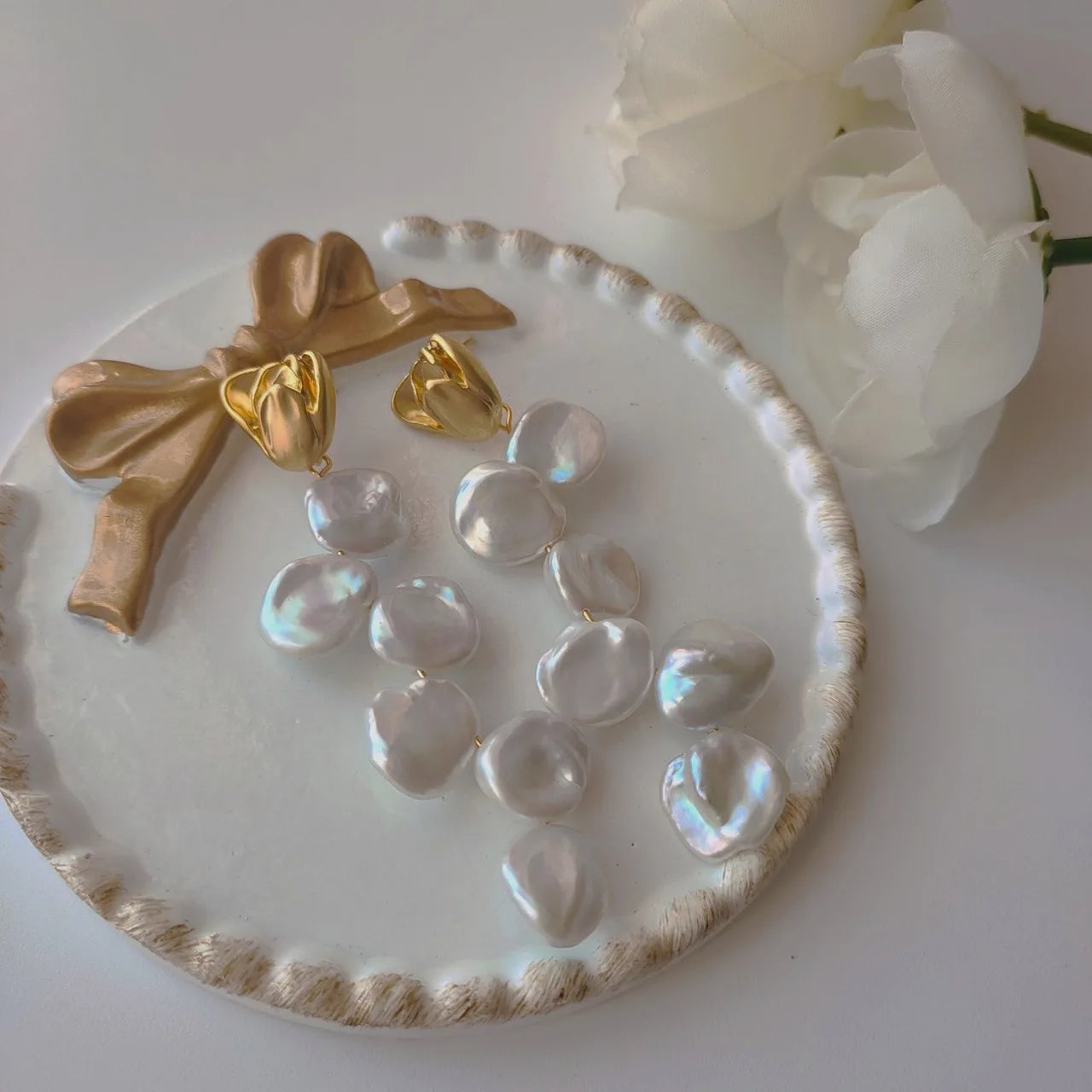 Brass Natural Floral Baroque Pearl Earrings Women Jewelry Punk Party T Show Gown Runway Korean Japan INS