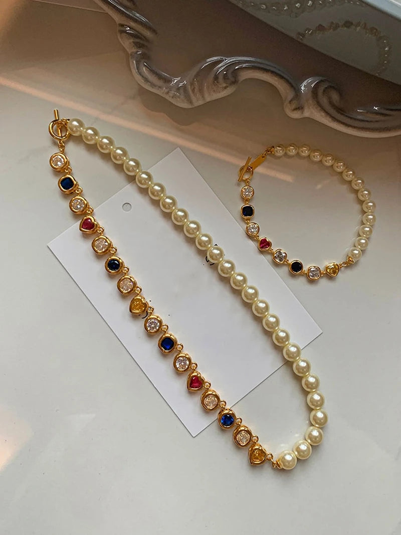 Brass With 18K Gold Half Color Beads Half Faux Pearl Necklace Women Jewelry Punk Designer Runway Rare Gown Boho Japan Korean