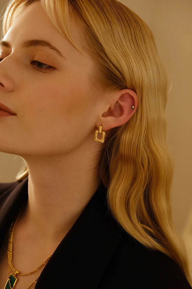 Brass With 18K Gold Lava Square Shape Drop Earrings  Women Jewelry Punk Party Gown Runway Rare South  Korean Japan Boho
