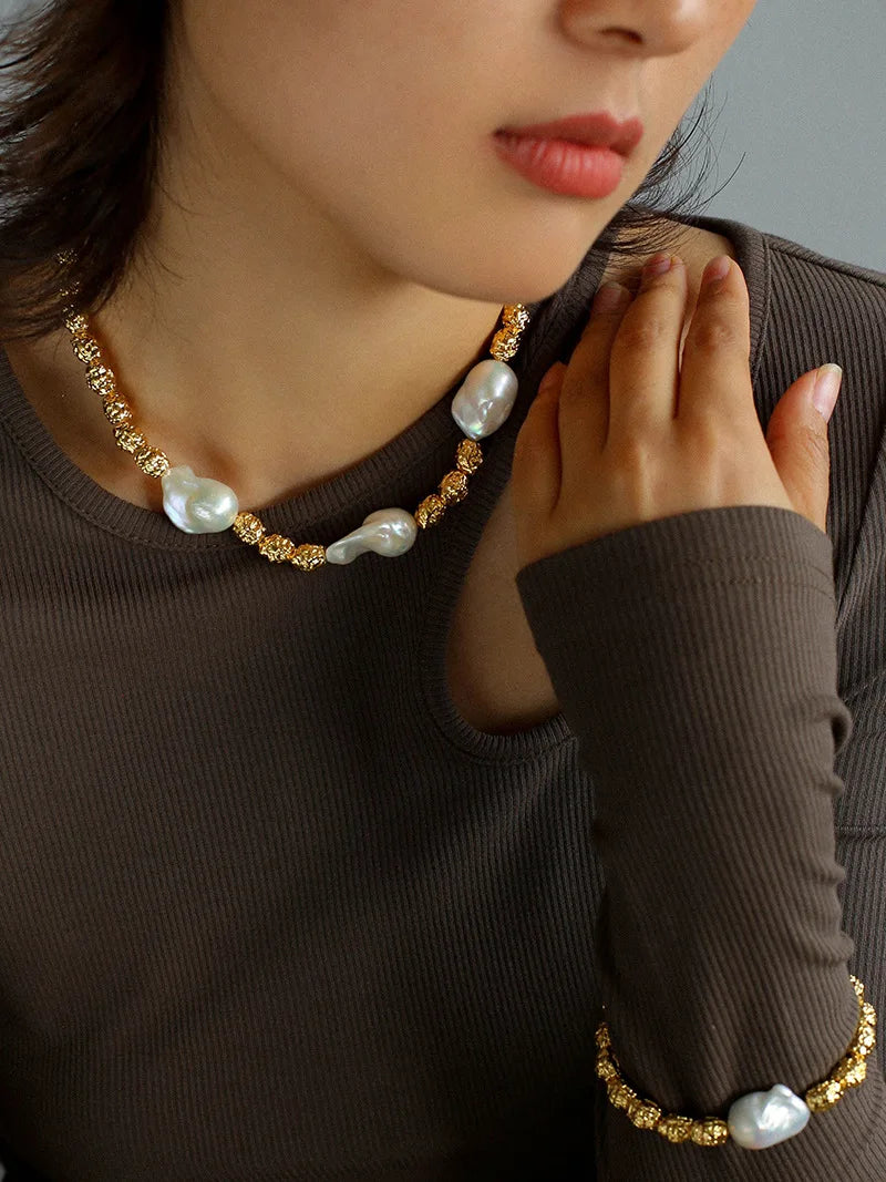 Brass With 18K Natural Baroque Pearl Beads Choker Necklace Punk Party Gown Runway rare Boucle d'oreille Korean Japan Style