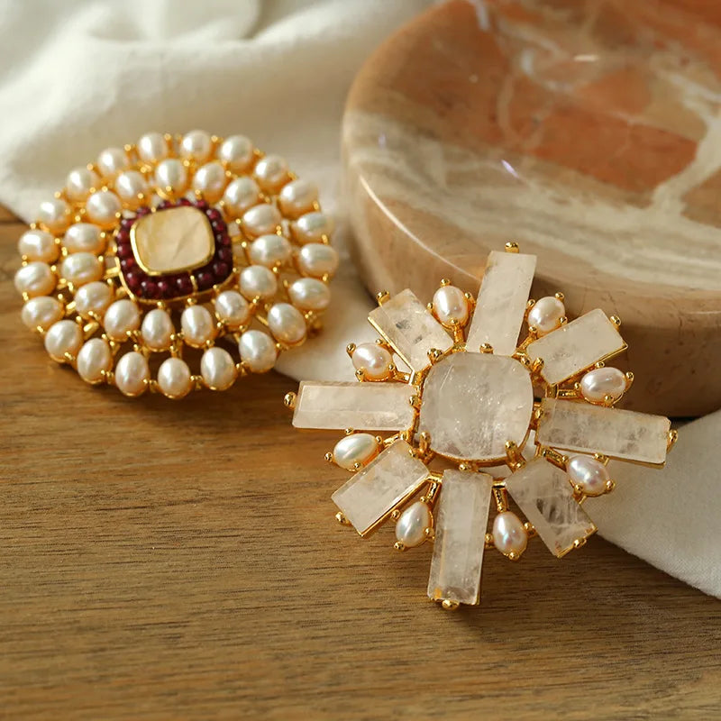 Brass With 18K Natural Crystal Freshwater Pearl Brooches Women Jewelry Punk Party T Show Gown Runway Trendy  Korean Japan Israel