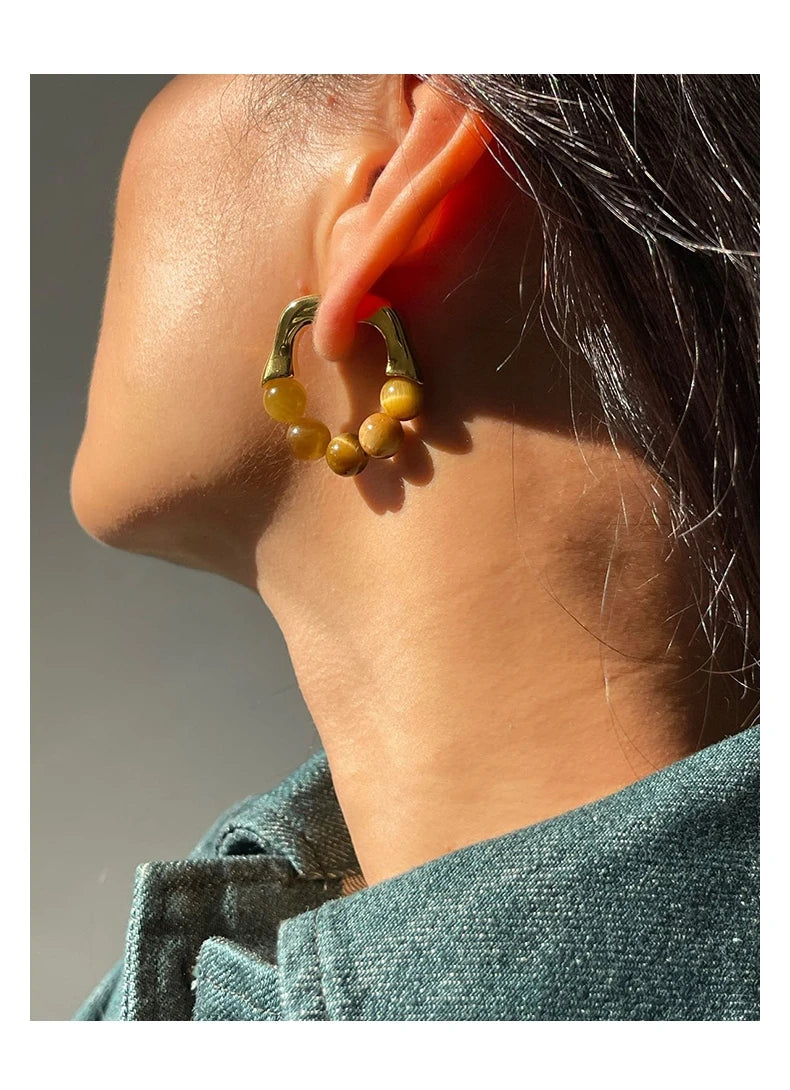 Brass With 18K Real Gold Natural Beads Hoop Earrings  Women Jewelry Party Boho T Show Gown Runway Rare Korean Japan INS
