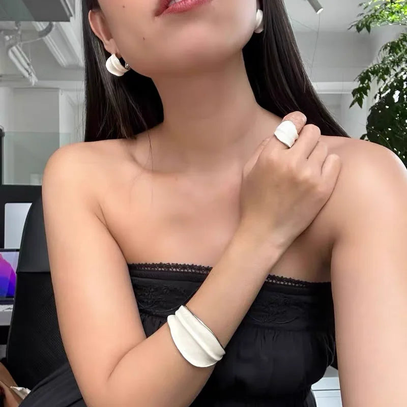 Brass With White Gold Chunky White Enamel Bangle Women Jewelry Designer T Show Runway Gown Rare INS Japan Korean Trendy