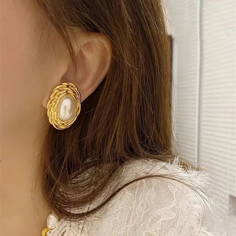 Brass Vintage Faux Pearl Hoop Earrings Women Jewelry Party Boho T Show Gown Runway Rare Korean Japan Trendy