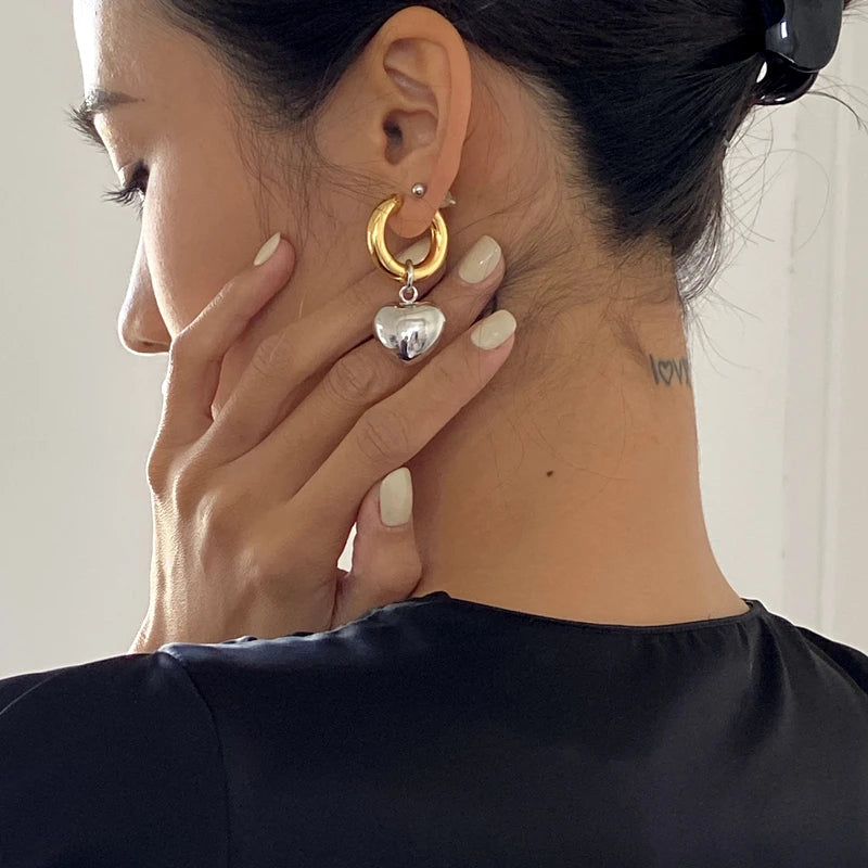 Brass With 18K Gold Double Color Heart Statement Earrings Women Jewelry Punk Party Gown Runway Rare  Korean Japan Boho Hiphop