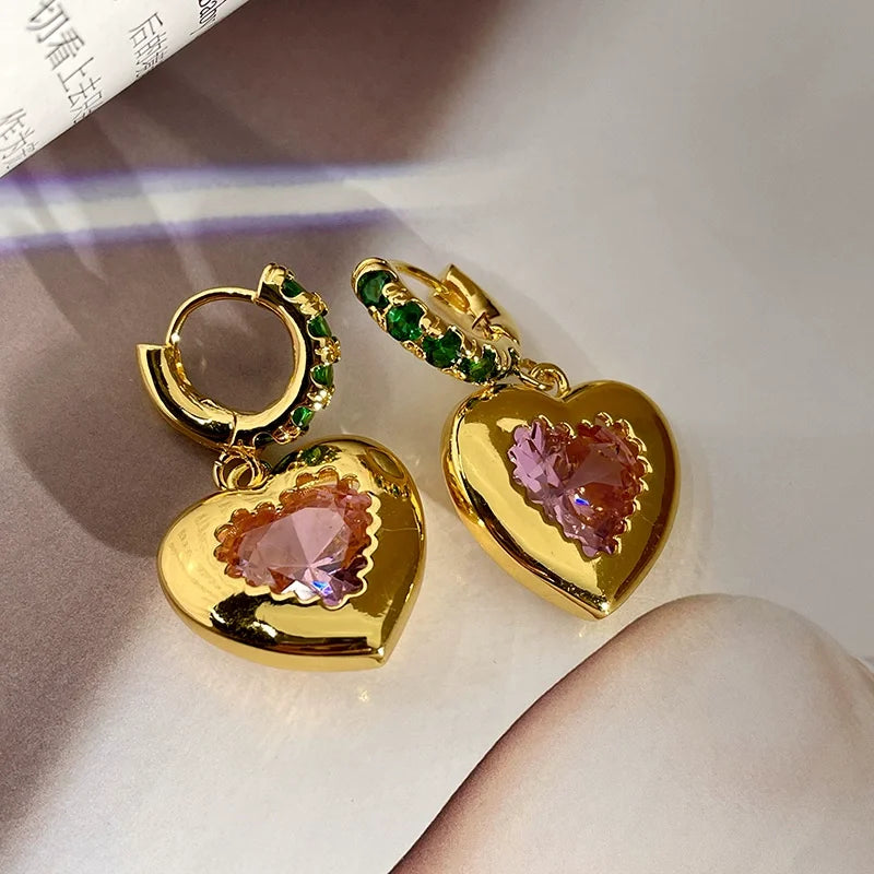 Brass Green Stone Pink Heart Earrings Women Jewelry Punk Party T Show Gown Runway Korean Japan INS