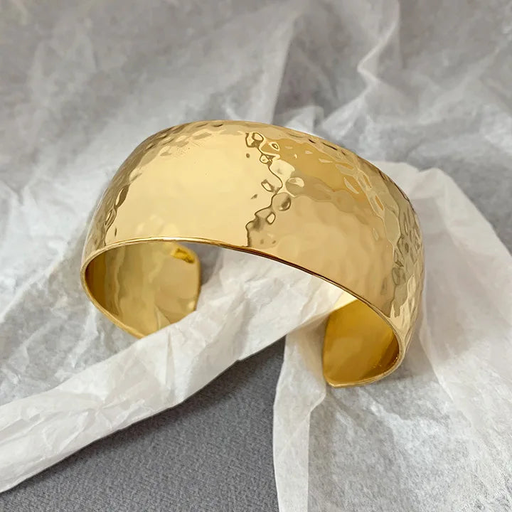Brass With 18K Statement Chunky Wide Rugged Bangle Women Jewelry Designer T Show Runway Gown Rare INS Japan Korean Trendy