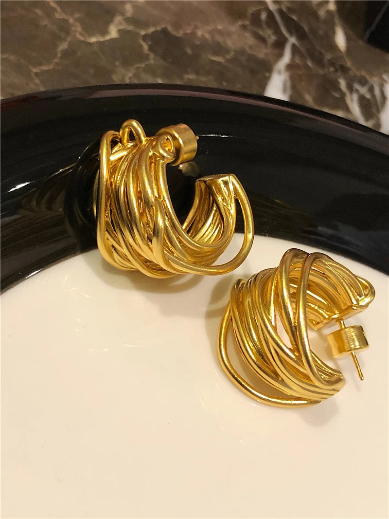 Brass With 18K Vintage Line Mixed Statement Hoop Earrings Punk Party Gown Runway Boucle d'oreille Korean Japan Style Fashion