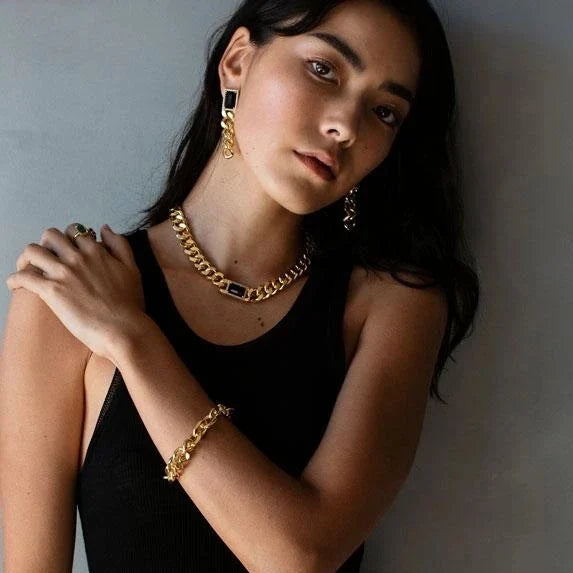 Brass With 18K Gold Zircon Black Jade Statement Necklace Women  Jewelry Runway Gown Hiphop Rare Glam Japan Korean Fashion