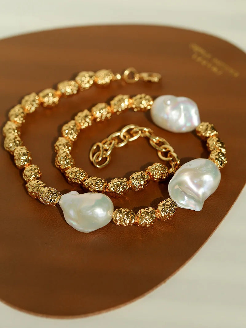 Brass With 18K Natural Baroque Pearl Beads Choker Necklace Punk Party Gown Runway rare Boucle d'oreille Korean Japan Style